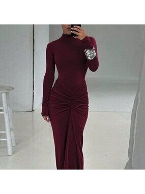 Burgundy Elegant Women's Fitted Crew Neck Long Sleeve Ruffle Hem Dress